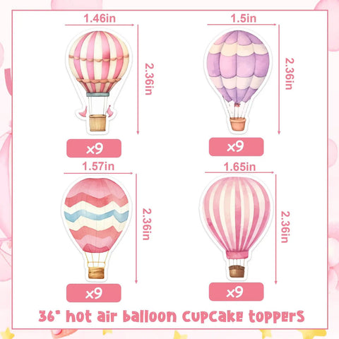 36 Pink Hot Air Balloon Cupcake Toppers For Girls Birthday Party Decorations Adventure Awaits Baby Shower Decor