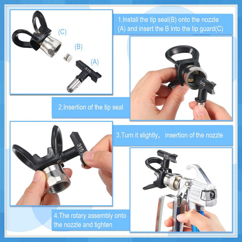 Heavy Duty Airless Paint Sprayer Gun Setup With Sturdy Nozzle Guard And Two Reversible Tips In 517 And 315 Sizes Plus Four Filter Screens For Smooth Painting Projects Done Right, assembly instructions with nozzles and guards shown.