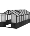8x16 Ft Cedar Wood Greenhouse Kit With Lockable Door And Vent Window, black frame, side view, outdoor garden structure