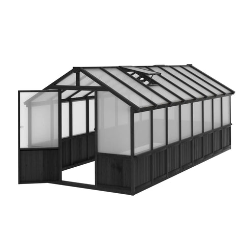 8x16 Ft Cedar Wood Greenhouse Kit With Lockable Door And Vent Window, black frame, side view, outdoor garden structure