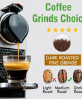 Six Pack Reusable Stainless Steel Nespresso OriginalLine Pods With 100 Lids And Wood Storage Tray Refillable Coffee Capsules Compatible With Pixie U Inissia Essenza Mini Maestria Lattissima Citiz Easy Fill And Money Save with coffee machine pouring espresso and dark roast choice.