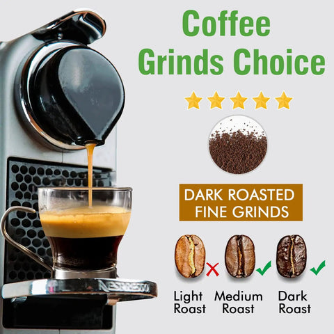 Six Pack Reusable Stainless Steel Nespresso OriginalLine Pods With 100 Lids And Wood Storage Tray Refillable Coffee Capsules Compatible With Pixie U Inissia Essenza Mini Maestria Lattissima Citiz Easy Fill And Money Save with coffee machine pouring espresso and dark roast choice.