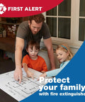 Family planning fire escape route with father guiding children, First Alert branding visible, emphasizing fire safety.
