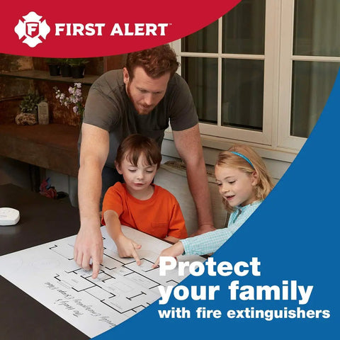Family planning fire escape route with father guiding children, First Alert branding visible, emphasizing fire safety.