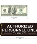 Two Pack Authorized Personnel Only Sign Self Adhesive Aluminum Wall Door Sign 9 X 3 Inches Black White Rustproof Heavy Duty Metal Sticker for Office Shop Gym Lab, with size guide