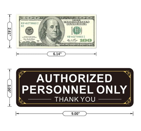 Two Pack Authorized Personnel Only Sign Self Adhesive Aluminum Wall Door Sign 9 X 3 Inches Black White Rustproof Heavy Duty Metal Sticker for Office Shop Gym Lab, with size guide