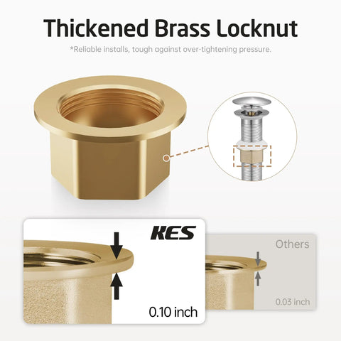 Thickened brass locknut for Bathroom Sink Drain With Strainer Basket Hair Catcher Anti Clog Pop Up Stopper in brushed nickel finish.