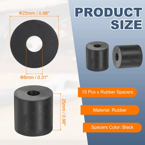 15 Pcs Rubber Spacers 25mm Outer Diameter 8mm Inner Diameter 25mm Thick Heavy Duty Anti Vibration Pads For Home Garage Car Boat Isolation Bushings Washers, black rubber spacer size view