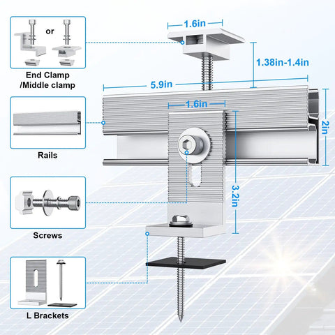 Heavy Duty Roof Solar Panel Mounting Bracket Kit For 1 To 4 Panels With Ten 6 Inch Rails And Four Water Drain Clips Fits Shingle Slate Metal And Tin Roofs Supports 1.4 Inch Thick Panels Easy Install Built To Last, parts diagram