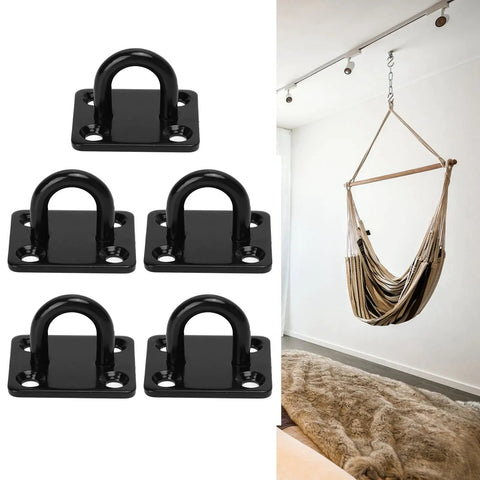 Heavy Duty Stainless Steel Pad Eye Plate Wall Mount Hook Kit with 3mm thick brushed surface shown with hammock hanging application