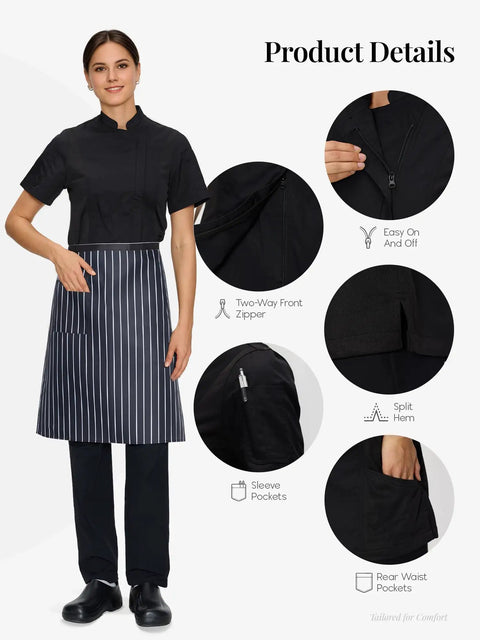 Slay The Grill Shifts With This Women Short Sleeve Chef Jacket Featuring Cool Side Mesh And A Heavy Duty Cotton Polyester Weave For A Sharp Culinary Kitchen Uniform In Solid Black, showing zip front and sleeve pockets.