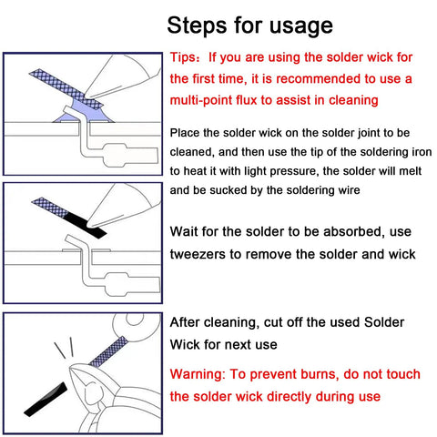 Illustration showing steps for using Desoldering Wick Braid 10ft Roll for PCB Repairs and Component Removal No Clean Solder Wick Desoldering Tool