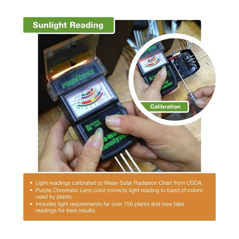 Electronic Four In One Soil Analyzer For Soil Acidity Moisture Fertility And Sunlight With Easy Read Scale in handheld use