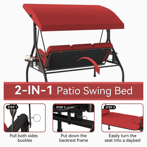 Three Seat Outdoor Porch Swing With Adjustable Canopy And Convertible Two In One Chair Patio Glider shown in red