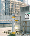 Think Safety First Signs 2 Pack, 14 by 10 Inches, Rust Free Aluminum With UV Protective Finish, Durable Workplace Safety Signs for Offices, Hallways, and Common Areas on construction gate