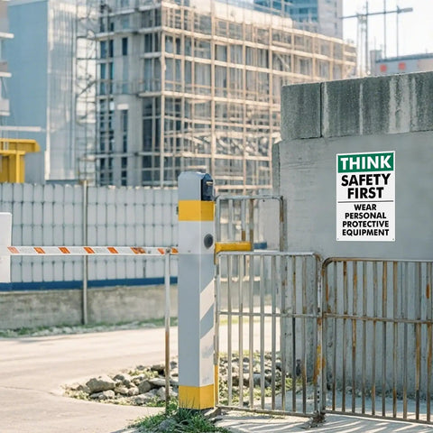Think Safety First Signs 2 Pack, 14 by 10 Inches, Rust Free Aluminum With UV Protective Finish, Durable Workplace Safety Signs for Offices, Hallways, and Common Areas on construction gate