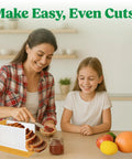 Woman using No Fuss Bread Slicer For Homemade Loaves With 3 Adjustable Widths And 3 Slice Thickness Settings with child nearby
