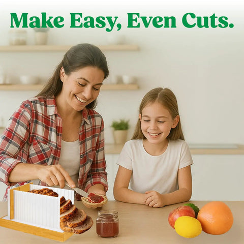 Woman using No Fuss Bread Slicer For Homemade Loaves With 3 Adjustable Widths And 3 Slice Thickness Settings with child nearby