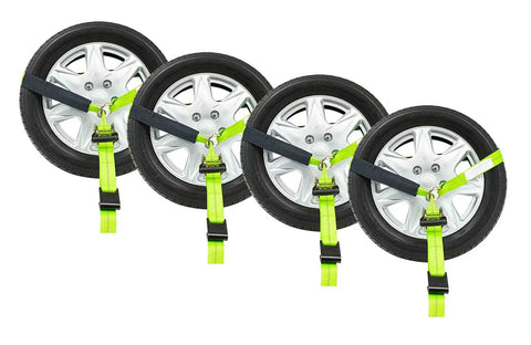 4 Pack 2 Inch By 96 Inch Car Tie Down Straps For Trailers With Flat Hooks, 3333 Lb WLL, High Visibility Green looped on wheels