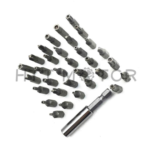 Drop Dead Tough Tamper Proof Security Bit Set Loaded With Rock Solid Phillips Torx And Hex Magnetic Drivers For Power Drills And Impact Guns 33 Piece Chrome Vanadium Steel Kit displayed in organized arrangement.