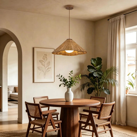 DLITISH 19'' Hand Woven Rattan Pendant Light with Glass Shade above a dining table in a cozy interior.