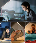 Game Changing LED Desk Lamp With Wireless Charger used as reading light by family, pink shade, home office setting.