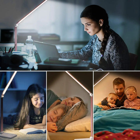 Game Changing LED Desk Lamp With Wireless Charger used as reading light by family, pink shade, home office setting.