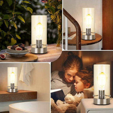 Sleek Dope Touch Control Bedside Lamp with round glass shade in various indoor settings, showcasing 3 way dimmable brightness.