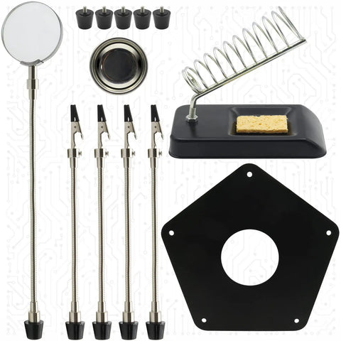 Helping Hand Soldering Third Hand Tool With Flexible Arms And Soldering Iron Stand PCB Holder showing parts on white background