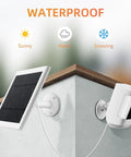 Three Pack 4W Solar Charger Kit for Outdoor Battery Security Cameras mounted beside camera, waterproof label shown