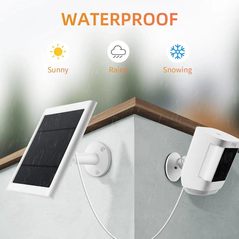 Three Pack 4W Solar Charger Kit for Outdoor Battery Security Cameras mounted beside camera, waterproof label shown