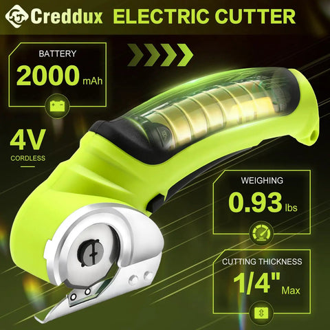 Creddux Cordless Electric Scissors, 4.2V Rechargeable Power Cutter For Cardboard Leather Carpet And Plastic close-up of blade and handle