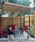 Patio with mocha 12x20 ft sun shade cloth pergola, 90% UV block, creating cool shaded area with red chairs underneath.
