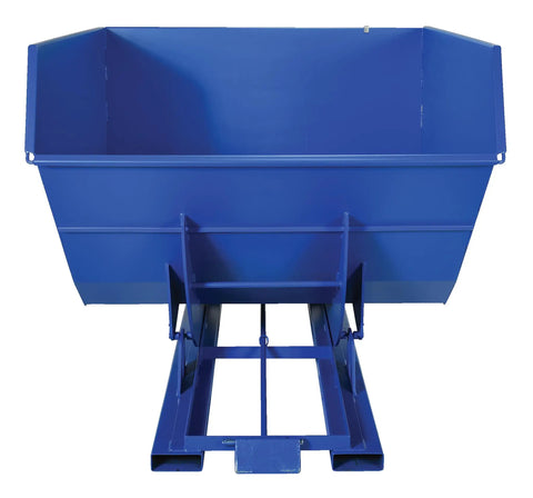 Built Tough Heavy Duty Steel Self Dumping Hopper With Smooth Auto Bump Action For Forklifts 4 Cubic Yard Roll Off Debris Cart, blue steel hopper view.
