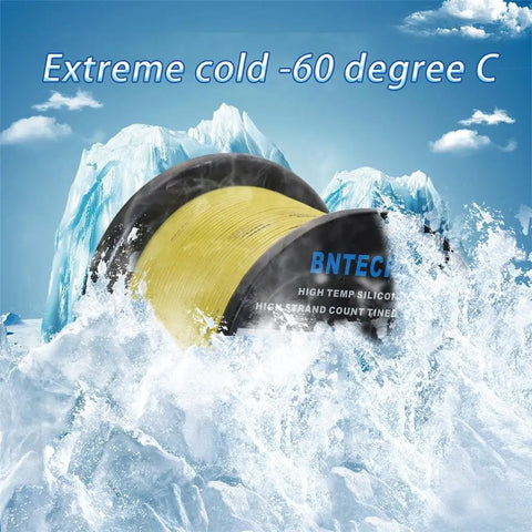 22 Gauge Silicone Wire Spool 250 Ft Yellow Flexible Stranded Tinned Copper shown in extreme cold environment