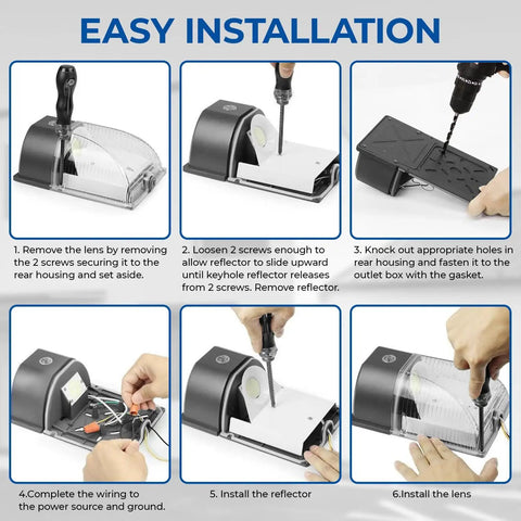 Step-by-step installation of Dusk To Dawn Sensor LED Wall Pack Light 26W 3000 Lumens Outdoor Flood Lamp with waterproof housing.