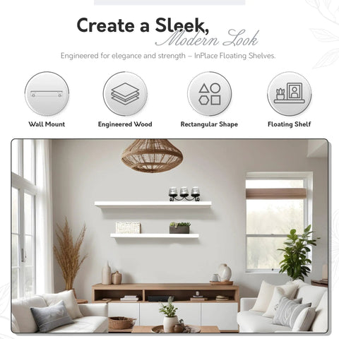 Living room with Durable Floating Wall Shelf With Hidden Brackets For Easy Install And Removal, deep MDF, modern white design.