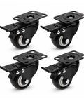 Four Pack Two Inch Swivel Plate Casters With Straight Up Slick Rolling Black PVC Wheels And No Fuss Foot Brakes for heavy duty furniture.