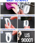 Steps showing application of Super Bright Reflective Mailbox Numbers And Letters Stickers in white on a surface.