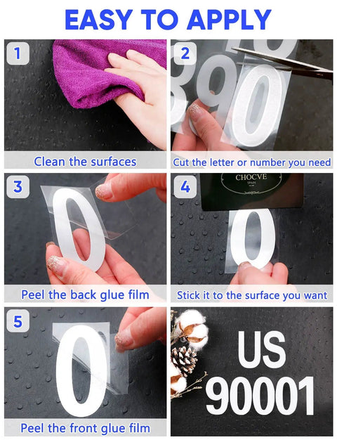 Steps showing application of Super Bright Reflective Mailbox Numbers And Letters Stickers in white on a surface.