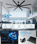 96 Inch HVLS Industrial Ceiling Fan With Over 18,000 CFM displayed in a modern gym setting, 8 aluminum blades, remote control features shown.