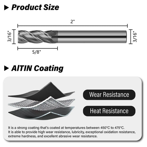 Image showing product dimensions and AlTiN coating details of Three Piece 3/16 Inch Carbide End Mills Set, Four Flute, AlTiN Coated CNC Milling Bits For Alloy Steels Hardened Steels And Cast Iron, High Performance Micrograin Carbide For Side, End, Step And Slot Milling.