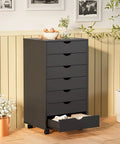 Top Tier Seven Drawer Wooden Dresser Featuring Heavy Duty Storage Cabinets And Smooth Rolling Casters For Bedroom Organization with open drawer.