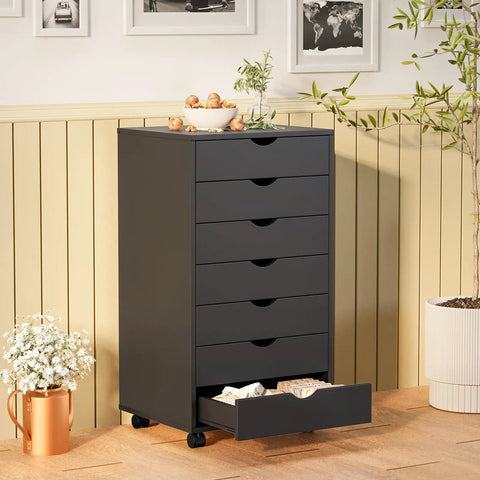 Top Tier Seven Drawer Wooden Dresser Featuring Heavy Duty Storage Cabinets And Smooth Rolling Casters For Bedroom Organization with open drawer.