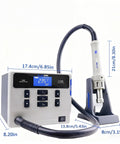Beefy 1000W Digital Hot Air Rework Station with LCD and nozzle, dimensions shown, used for BGA and SMD soldering desoldering.