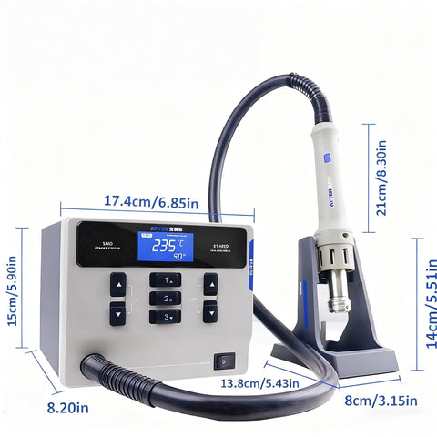 Beefy 1000W Digital Hot Air Rework Station with LCD and nozzle, dimensions shown, used for BGA and SMD soldering desoldering.