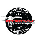 Logo of Pit Posse Motorsports, featuring a bull skull, stars, and 'Made in USA' text in red and black