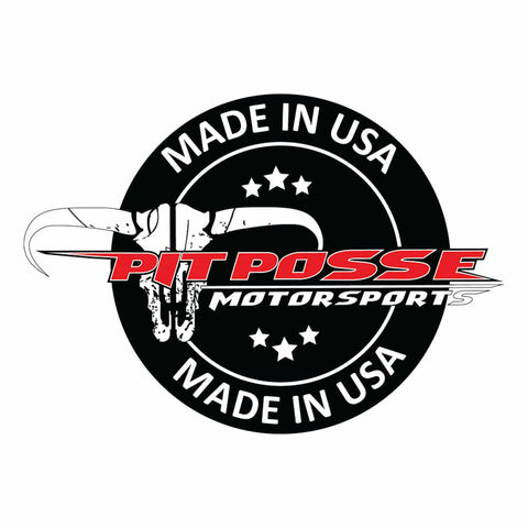 Pit Posse Motorsports logo with bull horns and 'Made in USA' text on a black circular background