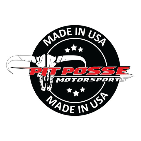 Logo of Pit Posse Motorsports with text 'Made in USA' featuring a bull skull, stars, and circular design.