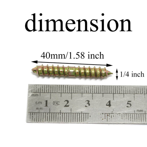24 Pcs M6x40mm Double Ended Self Tapping Screws For Woodworking And DIY Furniture Projects shown with ruler for dimensions